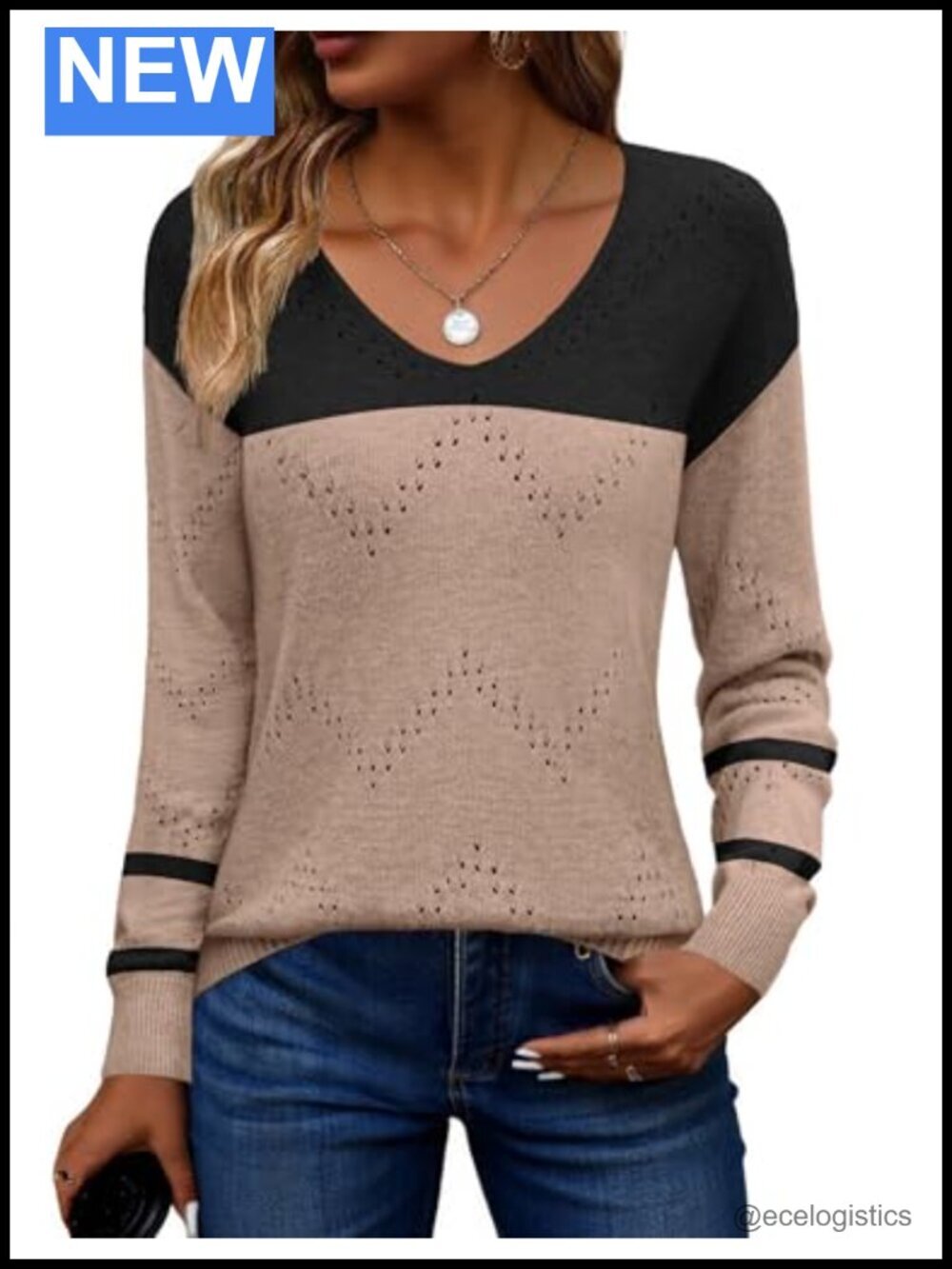 V Neck Off Shoulder Crochet Pullover Long Sleeve Lightweight Sweater Top